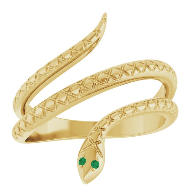14K Yellow Gold Round 1 Mm Polished Natural Emerald Snake Ring, Size 7