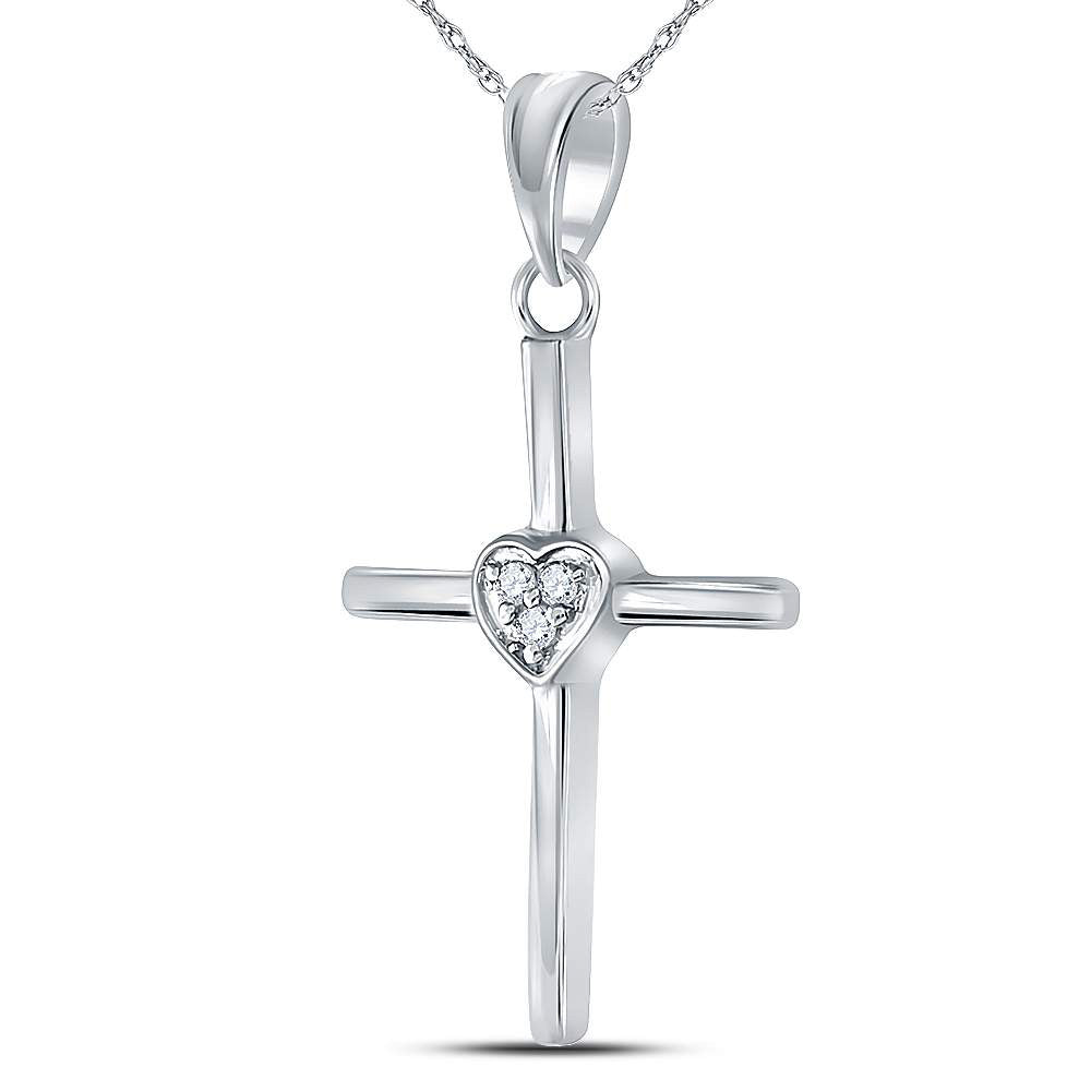 Sterling Silver Womens Round Diamond Heart Cross Pendant .03 Cttw, Length: 1.06 In, Width: 0.57 In