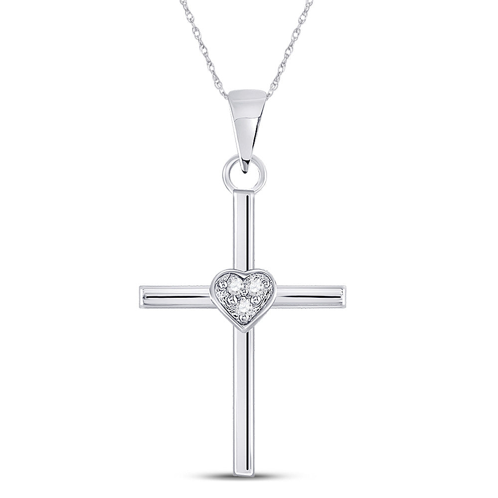 Sterling Silver Womens Round Diamond Heart Cross Pendant .03 Cttw, Length: 1.06 In, Width: 0.57 In