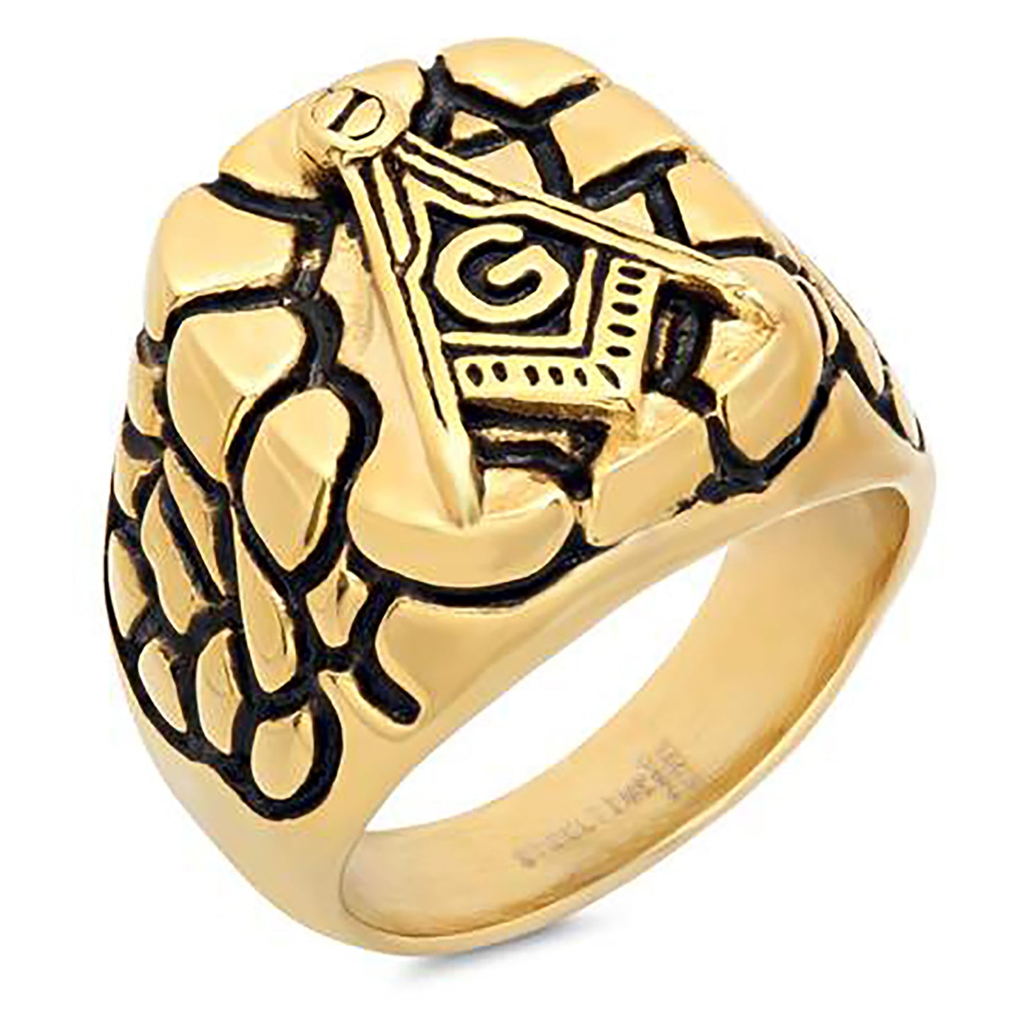 Yellow Stainless Steel Black-tone Mens Nugget Masonic Square Head Comfort-fit Bridal Anniversary Wedding Engagement Band Ring