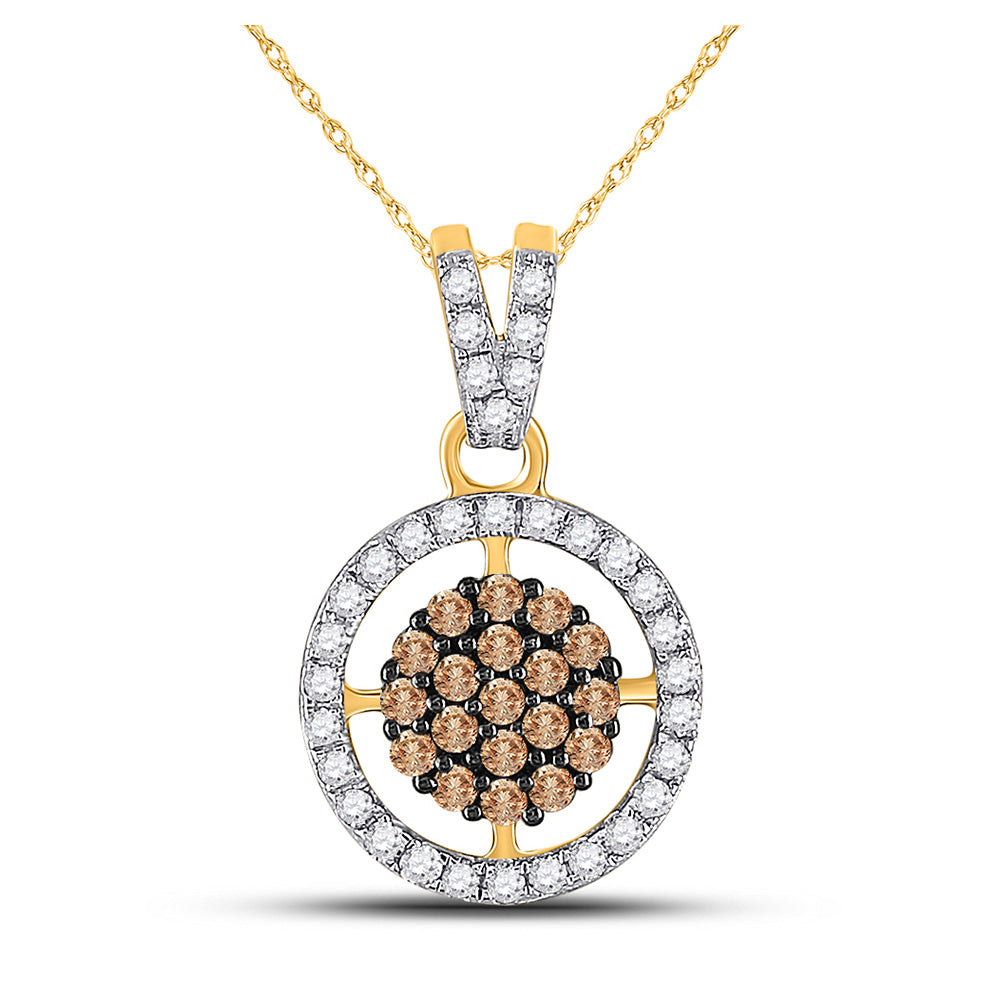 10K Yellow Gold Womens Round Brown Diamond Cluster Pendant 1/2 Cttw, Length: 0.8 In, Width: 0.5 In
