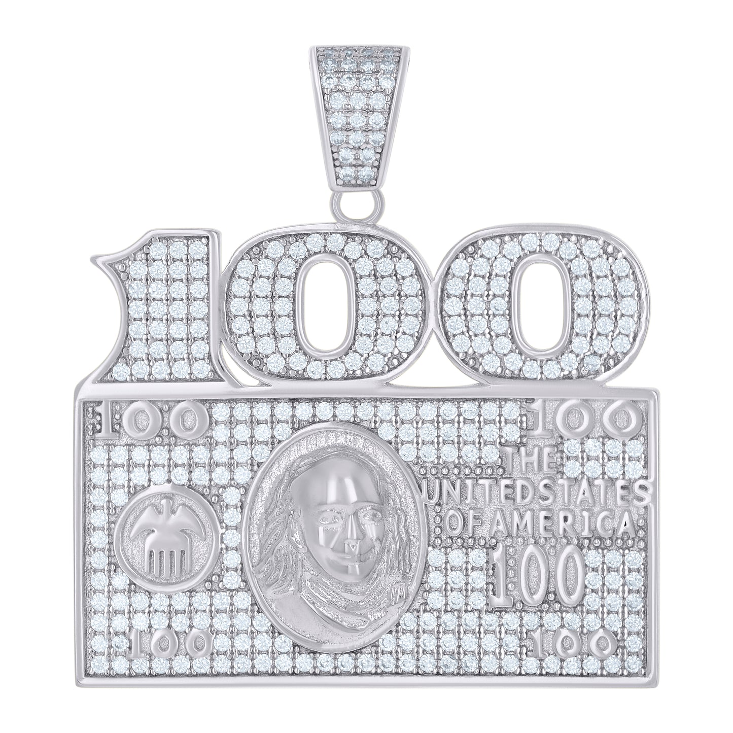 Sterling Silver Mens Cubic-Zirconia 100 Dollar Bill Currency Fashion Charm Pendant