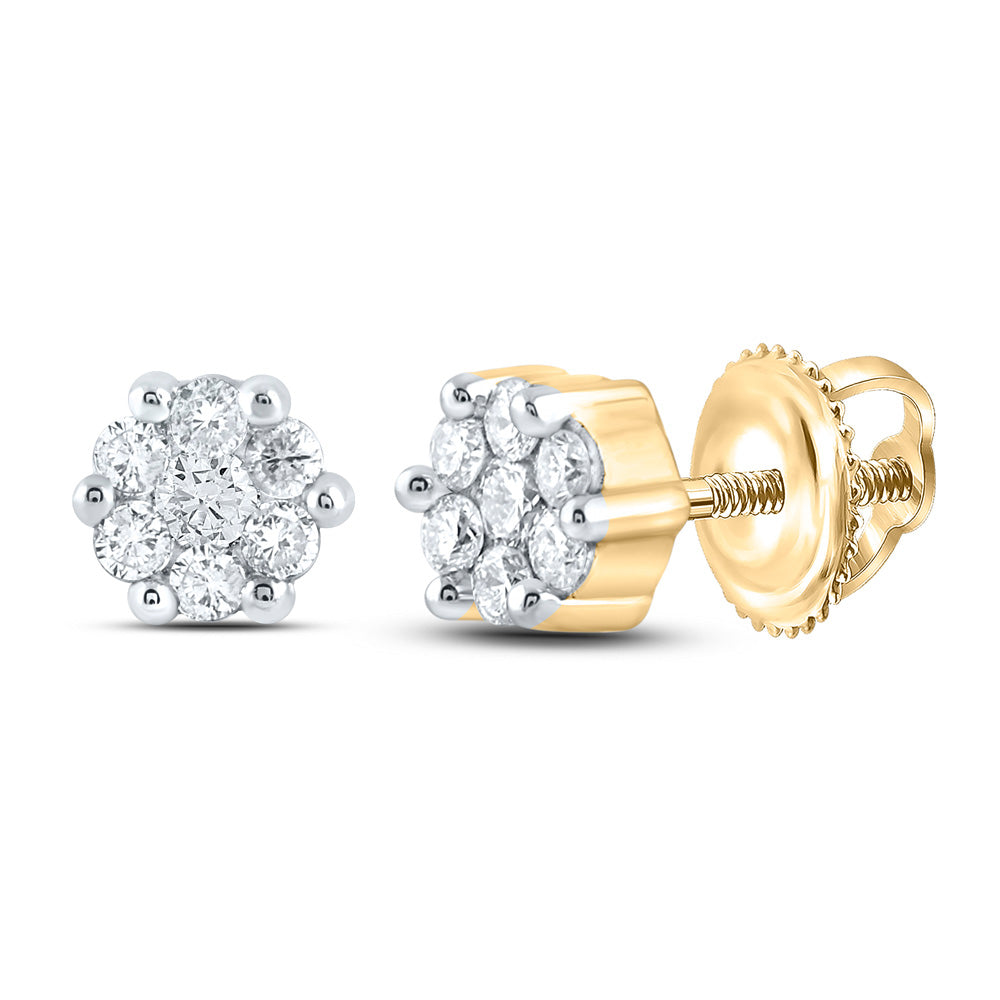 14K White Or Yellow Gold Womens Round Diamond Flower Cluster Earrings