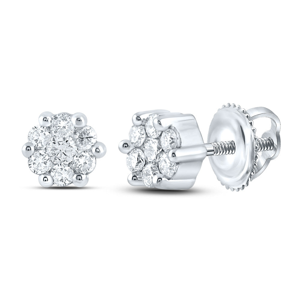 14K White Or Yellow Gold Womens Round Diamond Flower Cluster Earrings