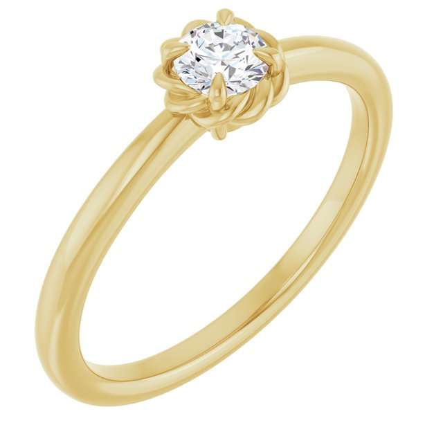 14K Yellow Gold Round 3.9 Mm Polished 1/5 Ct Natural Diamond Claw-Prong Solitaire Rope Ring, Size 7