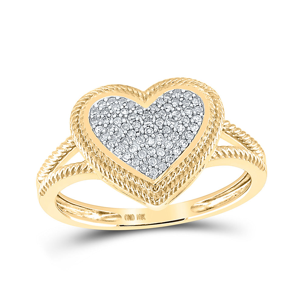 10K Yellow Gold Womens Round Diamond Rope Heart Cluster Ring 1/6 Cttw, Womens Size: 5-10