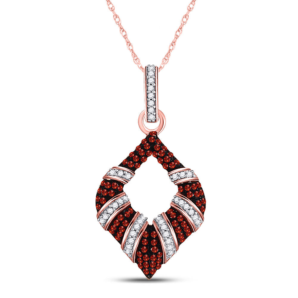 10K Rose Gold Womens Round Red Color Enhanced Diamond Striped Oval Pendant 1/3 Cttw