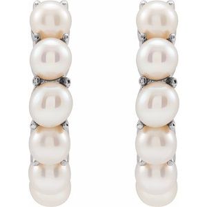 14K White Gold Pair 3.5 Mm Cultured White Freshwater Pearl Hoop Earrings, Length: 15.5 Mm, Thickness: 3.3 Mm