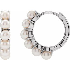 14K White Gold Pair 3.5 Mm Cultured White Freshwater Pearl Hoop Earrings, Length: 15.5 Mm, Thickness: 3.3 Mm
