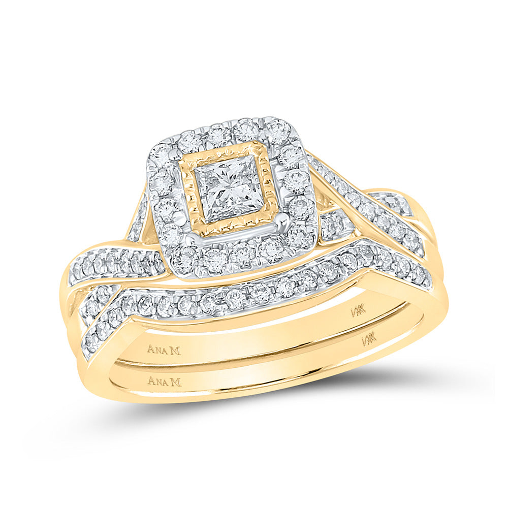 14K Yellow Gold Princess Diamond Halo Bridal Wedding Ring Band Set 5/8 Cttw, Womens Size: 5-10