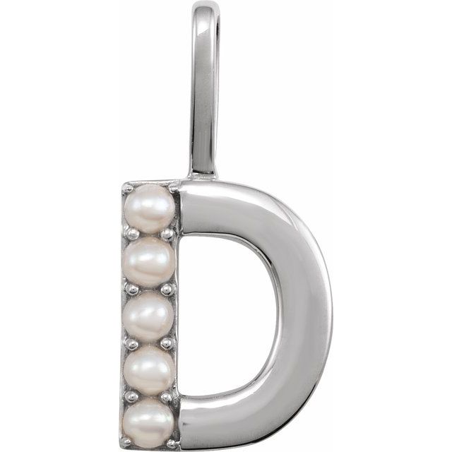 14K White Gold 2 Mm Polished Cultured White Freshwater Pearl Initial D Charm/Pendant
