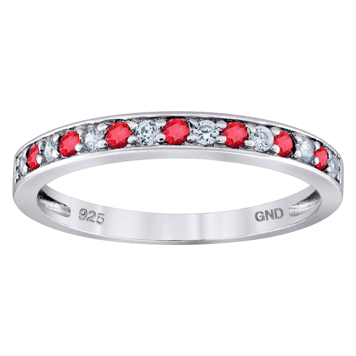Sterling Silver Womens White Red Cubic Zirconia Semi Eternity Stackable Bridal Anniversary Engagement Wedding Band Ring