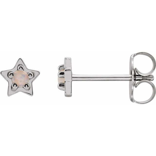 14K White Gold 2 Mm Round Friction Back .37 In Polished Natural White Opal Cabochon Petite Star Earrings