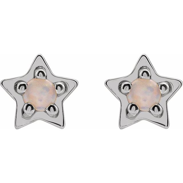 14K White Gold 2 Mm Round Friction Back .37 In Polished Natural White Opal Cabochon Petite Star Earrings
