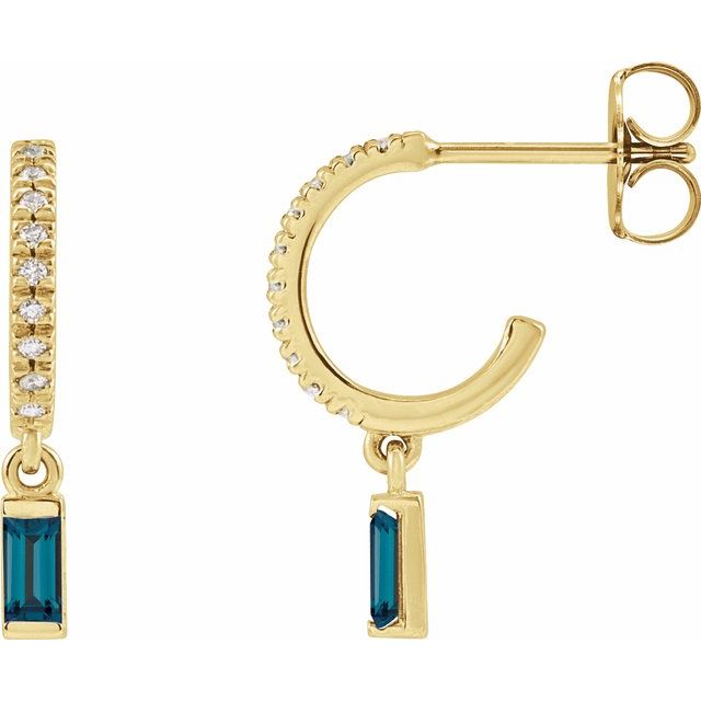14K Yellow Gold Straight Baguette 4 X 2 Mm Friction Back Polished Natural London Blue Topaz And .08 Ctw Natural Diamond French-Set Dangle Hoop Earrings