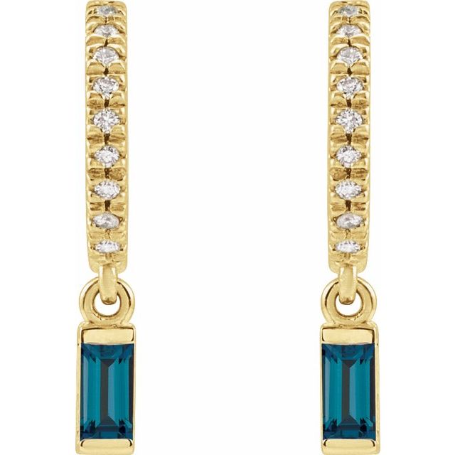 14K Yellow Gold Straight Baguette 4 X 2 Mm Friction Back Polished Natural London Blue Topaz And .08 Ctw Natural Diamond French-Set Dangle Hoop Earrings
