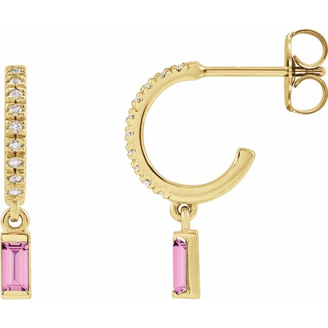 14K Yellow Gold Straight Baguette 4 X 2 Mm Friction Back Polished Natural Pink Sapphire And .08 Ctw Natural Diamond French-Set Dangle Hoop Earrings