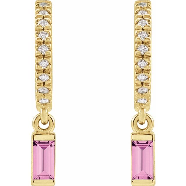 14K Yellow Gold Straight Baguette 4 X 2 Mm Friction Back Polished Natural Pink Sapphire And .08 Ctw Natural Diamond French-Set Dangle Hoop Earrings