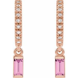 14K Rose Gold Straight Baguette 4 X 2 Mm Natural Pink Sapphire And .08 Ctw Natural Diamond French-Set Dangle Hoop Earrings
