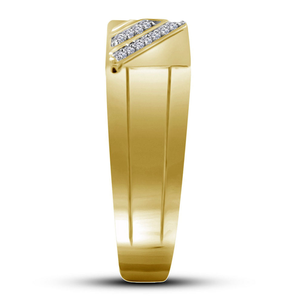 10K Yellow Gold Mens Round Diamond Diagonal Row Flat Top Ring 1/12 Cttw, Mens Size: 7-13