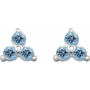 14K White Gold Round 2.5 Mm Natural Aquamarine Three Stone Earrings