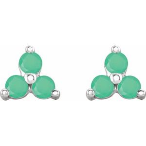 14K White Gold Round 2.5 Mm Natural Chrysoprase Three Stone Earrings