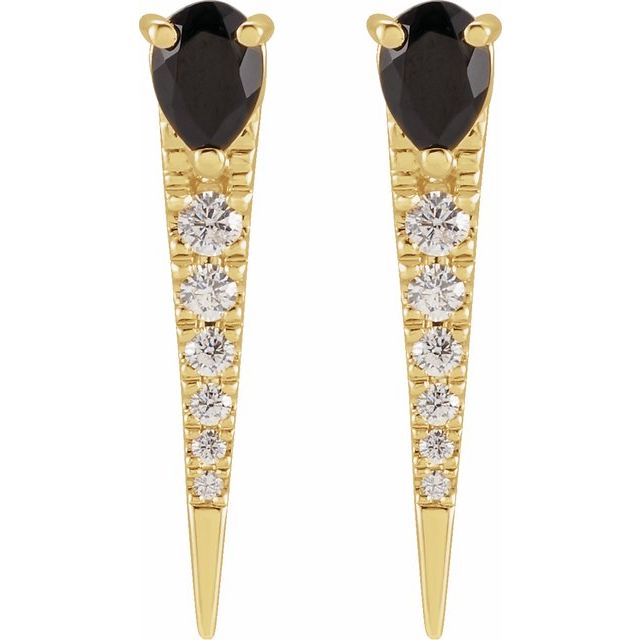 14K Yellow Gold Pear 4 X 3 Mm Friction Back Polished Natural Black Onyx And 1/8 Ctw Natural Diamond Spike Earrings