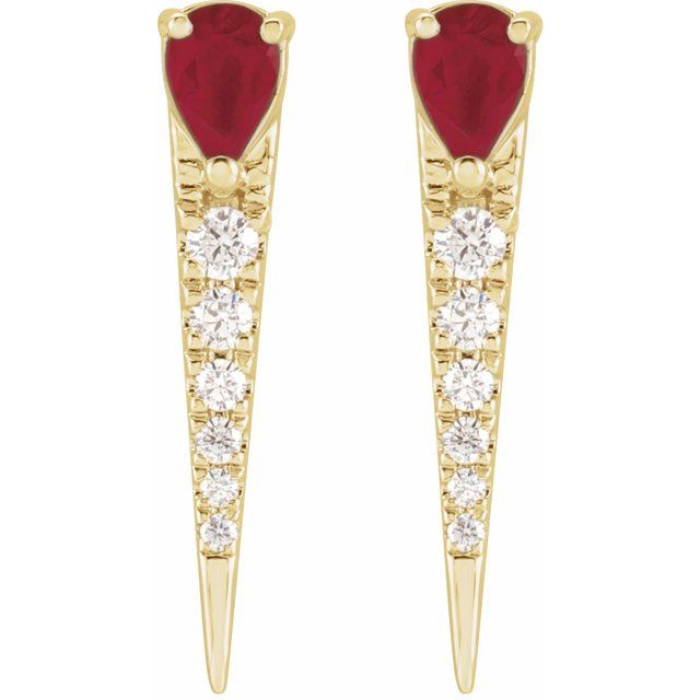 14K Yellow Gold Pear 4 X 3 Mm Friction Back Polished Natural Ruby And 1/8 Ctw Natural Diamond Spike Earrings