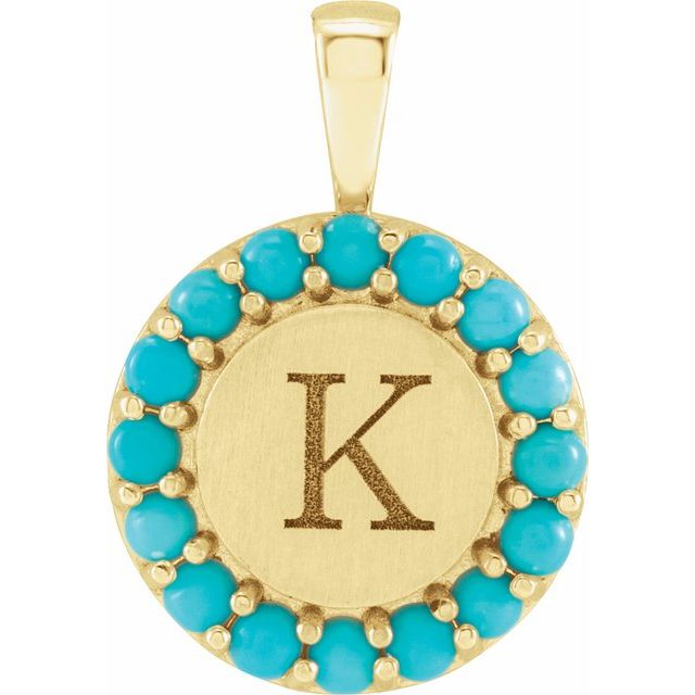 14K Yellow Gold Round 2 Mm Polished Natural Turquoise Engravable Halo-Style Pendant