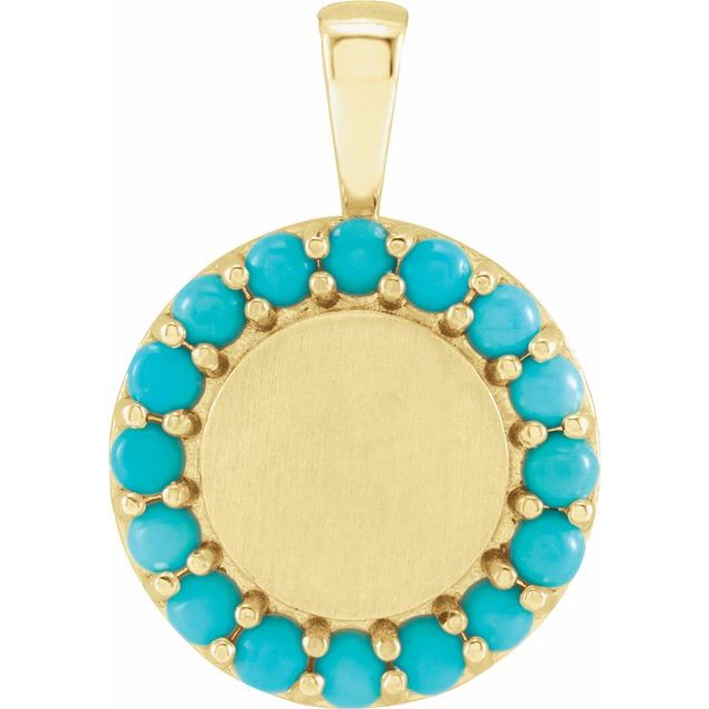 14K Yellow Gold Round 2 Mm Polished Natural Turquoise Engravable Halo-Style Pendant