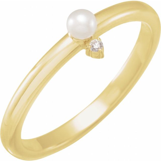 14K Yellow Gold 3 Mm Polished Cultured Pearl And .015 Ct Natural Diamond Ring, Size 7