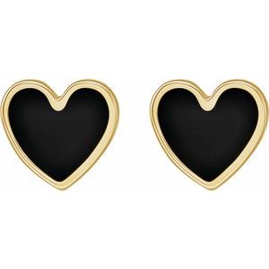 14K Yellow Gold 5.88 Mm Black Enamel Friction Back Heart Stud Earrings