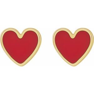 14K Yellow Gold 5.88 Mm Red Enamel Friction Back Heart Stud Earrings