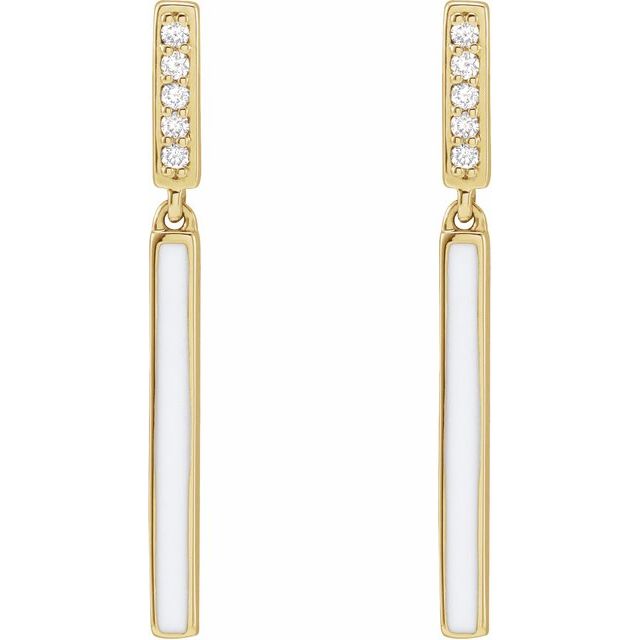 14K Yellow Or Rose Gold 25.26 Mm Round 1.1Mm Pair Friction Back Polished .06 Ctw Natural Diamond White Enamel Bar Drop Earrings