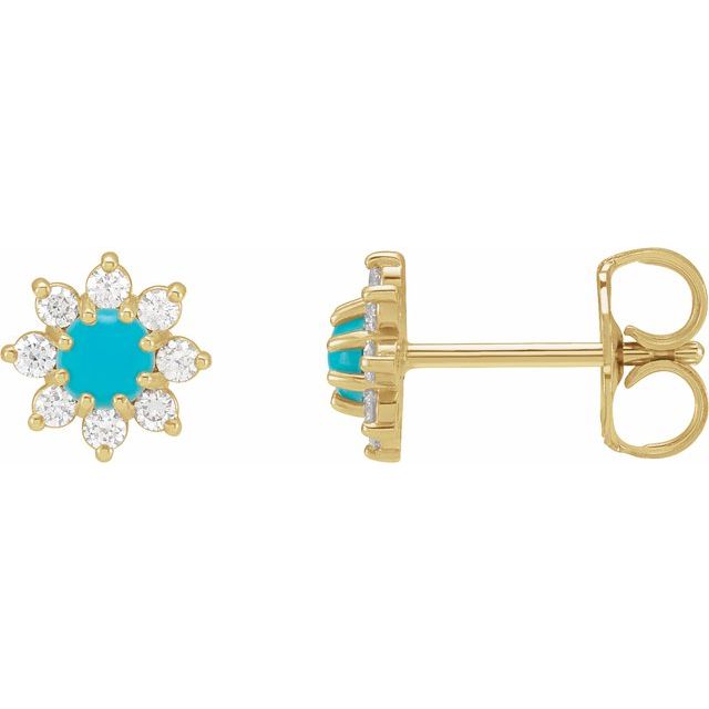 14K White Or Yellow Gold 3 Mm Round Friction Back Polished Natural Turquoise And 1/8 Ctw Natural Diamond Cabochon Flower Earrings