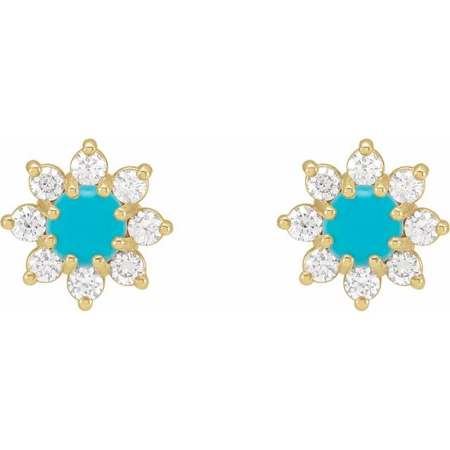 14K White Or Yellow Gold 3 Mm Round Friction Back Polished Natural Turquoise And 1/8 Ctw Natural Diamond Cabochon Flower Earrings