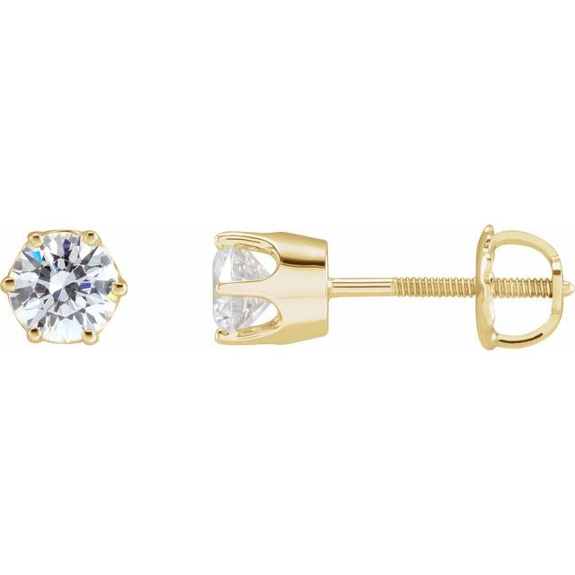 14K Yellow Gold Round Pair 4.4 Mm Threaded 6-Prong Polished Imitation White Cubic Zirconia Earrings
