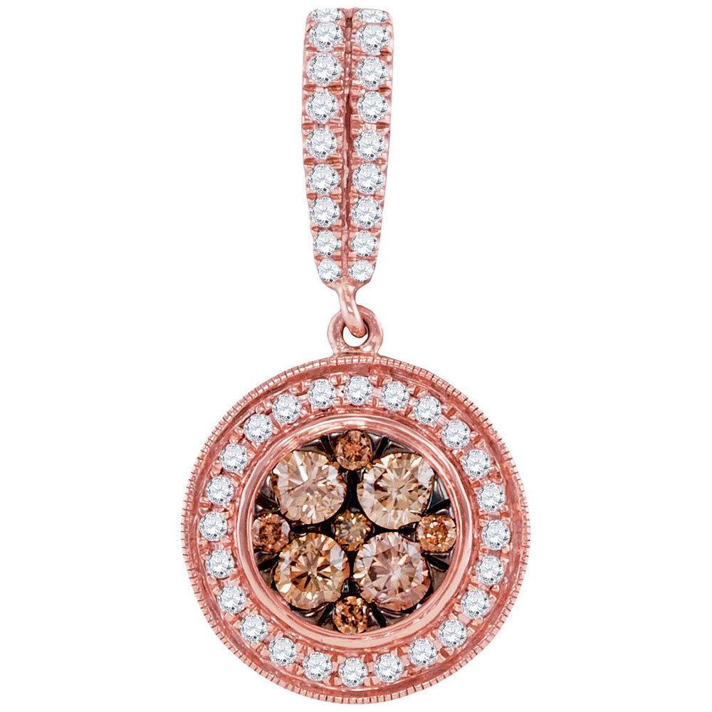 14K Rose Gold Womens Round Brown Diamond Cluster Pendant 1 Cttw