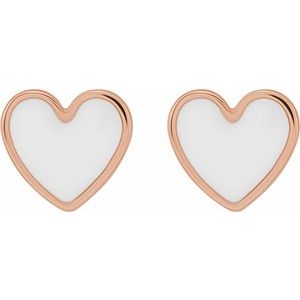 14K Rose Gold 5.88 Mm White Enamel Friction Back Heart Stud Earrings