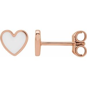 14K Rose Gold 5.88 Mm White Enamel Friction Back Heart Stud Earrings