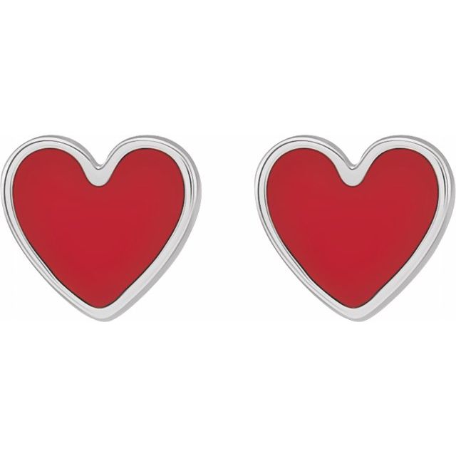 Sterling Silver Red Enamel 5.88 Mm Pair Friction Back Polished Red Enamel Heart Stud Earrings