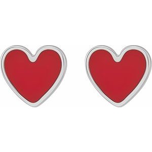 14K White Gold 5.88 Mm Red Enamel Friction Back Heart Stud Earrings
