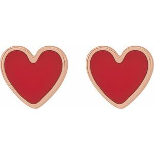 14K Rose Gold 5.88 Mm Red Enamel Friction Back Heart Stud Earrings