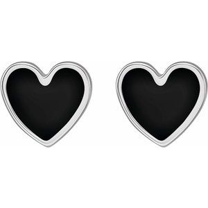 Sterling Silver 5.88 Mm Black Enamel Friction Back Heart Stud Earrings