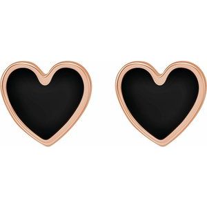 14K Rose Gold 5.88 Mm Black Enamel Friction Back Heart Stud Earrings