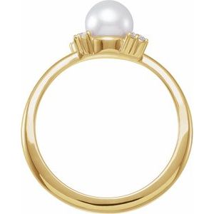 14K Yellow Gold  6.0-6.5 Mm Cultured White Akoya Pearl And .07 Ctw Natural Diamond Ring Size 7