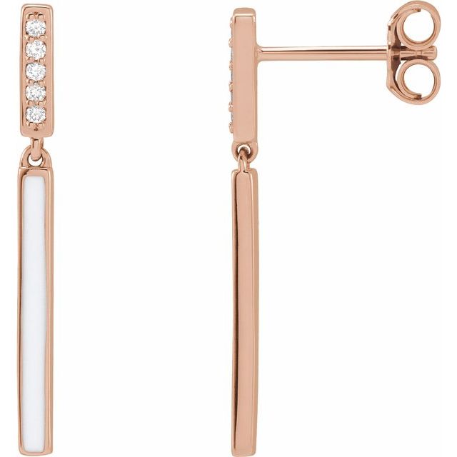 14K Yellow Or Rose Gold 25.26 Mm Round 1.1Mm Pair Friction Back Polished .06 Ctw Natural Diamond White Enamel Bar Drop Earrings
