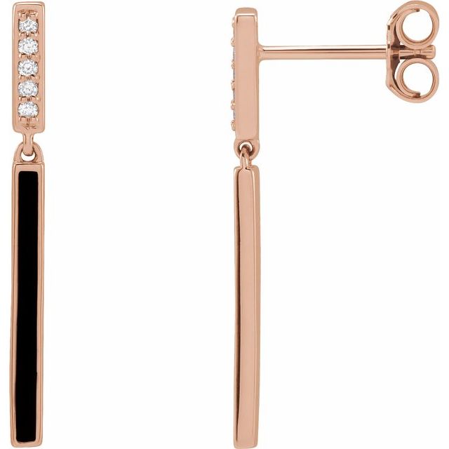 14K White Or Rose Gold 25.26 Mm Round 1.1Mm Pair Friction Back Polished .06 Ctw Natural Diamond Black Enamel Bar Drop Earrings