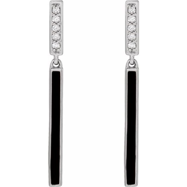 14K White Or Rose Gold 25.26 Mm Round 1.1Mm Pair Friction Back Polished .06 Ctw Natural Diamond Black Enamel Bar Drop Earrings