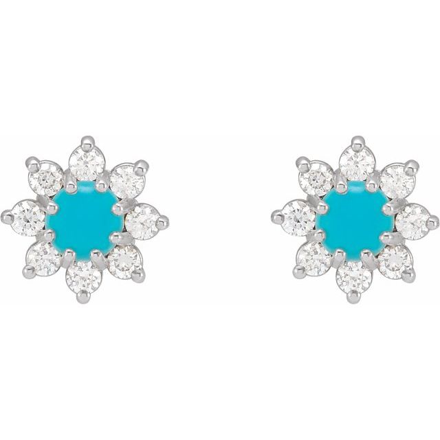 14K White Or Yellow Gold 3 Mm Round Friction Back Polished Natural Turquoise And 1/8 Ctw Natural Diamond Cabochon Flower Earrings